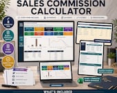 A desktop computer, laptop, tablet, and phone display various screens of a sales commission calculator spreadsheet.