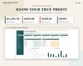A screenshot of an Etsy Business Dashboard shows revenue, fees, and net margin, with two bar graphs below displaying monthly revenue and net profit.