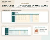 Two spreadsheet screenshots, 'PRODUCT CATALOG' and 'INVENTORY - LOW-STOCK SIGNALS', are displayed with a text box explaining 'PRODUCT IMAGE READY'.