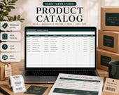 A laptop displays a "Product Catalog" spreadsheet with item details and pricing, with boxes, a label printer, and a mug on the desk.