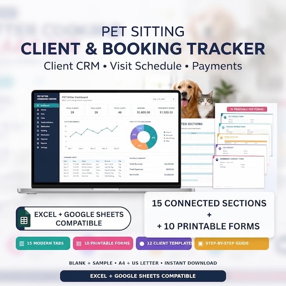 Pet Sitting Client & Booking Tracker | Pet Sitter CRM, Visit Schedule, Payment and Care Spreadsheet | Excel Google Sheets