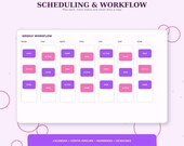 A graphic titled "Scheduling & Workflow" displaying a weekly calendar grid with "New," "Active," and "Done" tasks for each day of the week.