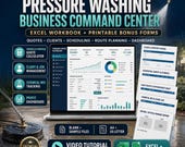 A laptop displays a "Pressure Washing Business Command Center" spreadsheet with sections for quotes, clients, scheduling, route planning, and a profit dashboard, surrounded by icons representing business tools.