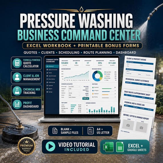 Pressure Washing Business Spreadsheet | Client CRM, Job Tracker, Route Planner & Profit Dashboard in Excel