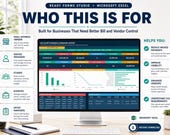 A desktop computer displays an Excel spreadsheet dashboard, with text on the left and right explaining who the tracker is for and how it helps businesses.
