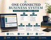 A laptop displays a flowchart titled "Invoice & Accounts Receivable Management System," with icons around it indicating features like "One Connected Business System" and "20 Excel Worksheets."