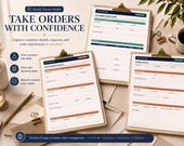 Three white business forms, titled "Customer Order Form," "Custom Order Request," and "Order Details," are displayed on a light wood surface with a candle and coffee cup.