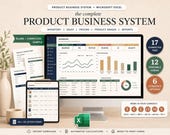 A desktop monitor displays a green and white product business system dashboard, with a tablet showing a product catalog next to it, and various printable forms and a plant on the left.