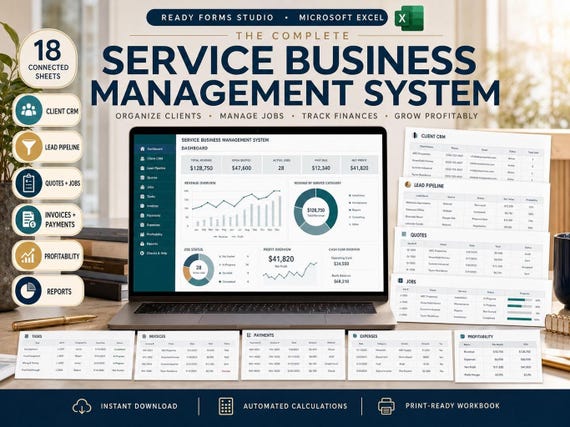 Service Business Management Spreadsheet in Excel: Client CRM, Jobs, Tasks, Invoices, Expenses and Profit Dashboard (Digital Download)