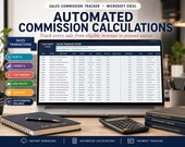 A laptop displays a sales transactions spreadsheet with columns for date, client, and amount, next to a notebook and books.