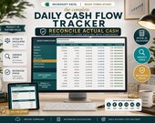 A desktop monitor shows an Excel spreadsheet titled "Daily Cash Flow Tracker" with a "Reconciliation" tab open, displaying columns for actual, calculated, and variance.