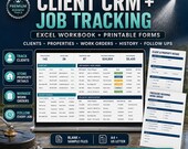 A digital spreadsheet titled "Client CRM + Job Tracking" shows client information, active jobs, job status, and a property details form for a pressure washing business.