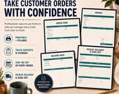 Various tablet and paper mockups displaying clean small business order forms, invoices, and delivery notes.