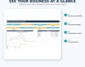 A close-up of a digital dashboard spreadsheet displaying monthly revenue, net profit, and action items, with text 'SEE YOUR BUSINESS AT A GLANCE'.