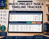 A desktop setup with a laptop, tablet, and smartphone displaying the 'Team Workload' and 'Milestones & Deadlines' sections of a multi-project task and timeline tracker, with a desk lamp and coffee mug.