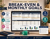 A desktop setup with a monitor displaying a "Break-Even & Monthly Goals" spreadsheet, a laptop, and a notebook.