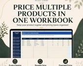 A laptop shows a product cost and price register spreadsheet for organizing multiple products in one workbook.