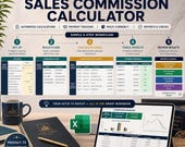 A desktop computer shows a sales commission calculator with a "5-Step Workflow" diagram, next to a tablet, a phone, and a mug.