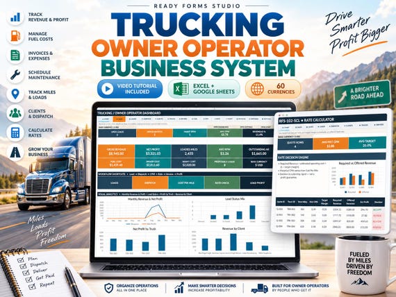 Trucking Business System | Owner Operator Load, Fuel, Cost Tracker (Excel + Google Sheets)