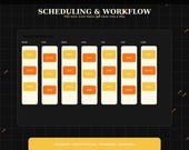 A screen displaying a "Weekly Workflow" calendar with days Monday through Sunday, each day containing three orange rectangular buttons labeled "New," "Active," and "Done."
