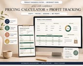 A desktop monitor shows a green and white pricing calculator and profit tracking dashboard, with a tablet displaying a pricing calculator form, and a small plant on the left.