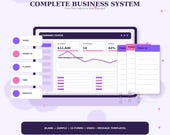 A digital screen titled "Complete Business System" shows a command center dashboard with tasks, projects, clients, and invoices, next to a stack of blank forms.