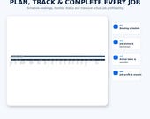 A digital spreadsheet showing a job tracker and profitability data, with text 'PLAN, TRACK & COMPLETE EVERY JOB'.
