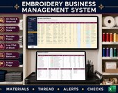 A large monitor shows an "Embroidery Business Management System" inventory screen, with a smaller tablet below displaying another spreadsheet.