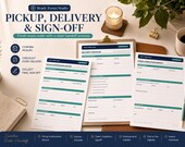 Three white business forms, titled "Pickup Authorization Record," "Delivery Checklist," and "Order Signoff Completion," are displayed on a light wood surface with a pen.