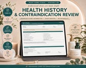 A desktop monitor and tablet show a "Health History & Contraindication Review" form, with skincare bottles, a candle, and a jade roller on a counter.