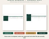 Two green and white spreadsheets are shown side-by-side, titled "Work Orders + Vendor CRM," with text boxes below indicating "Approved Scope," "Labor + Materials," "Vendor Ratings," and "Payment Terms."