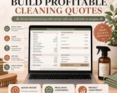 A laptop displays a room-based cleaning quote calculator spreadsheet with pricing summaries, accompanied by a spray bottle and cleaning brush on a table.