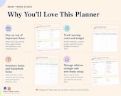 Benefits breakdown detailing how the planner helps track important dates, moving costs, inventory boxes, and address changes.