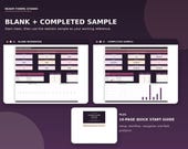 Two screenshots of digital spreadsheets, one labeled "Blank Workbook" and the other "Completed Sample," showing a purchase order tracker and a quick start guide.