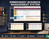 A monitor shows the "Embroidery Business Management System" pricing calculator, with a navy polo shirt and embroidery thread spools on the desk.