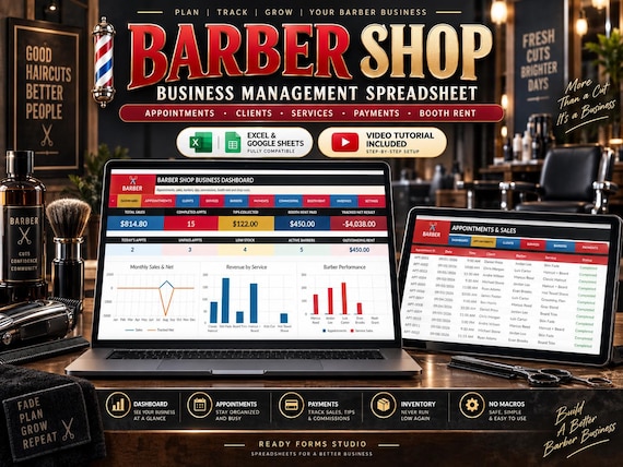 Barber Shop Business Management Spreadsheet | Appointments, Clients, Commissions (Excel + Google Sheets)