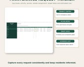 A green and white spreadsheet titled "Maintenance Request Tracker" is shown with four text boxes detailing its features: "Priority Control," "Access Notes," "Target Dates," and "Estimated Cost."