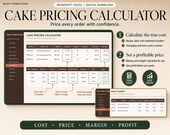 A spreadsheet titled "CAKE PRICING CALCULATOR" shows a table with item descriptions, costs, and prices, alongside a smaller "RECIPE SUMMARY" table.