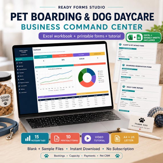 Pet Boarding & Dog Daycare Business Spreadsheet | Booking, CRM, Capacity, Vaccinations and Payments