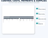 A digital spreadsheet displaying expenses and supply inventory, with text 'CONTROL COSTS, PAYMENTS & SUPPLIES'.
