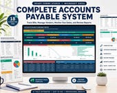A desktop computer displays an Excel spreadsheet titled "Accounts Payable Command Center," showing financial data and charts, with a sidebar listing features like "18 Connected Tabs" and "Automated Dashboard."