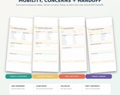 Four digital forms are shown: "Mobility & Assistance," "Emergency Contacts," "Daily Care Report," and "Caregiver Handoff Summary."