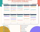 Ten colorful digital forms are arranged in a grid, each with a different title like "Client Quote & Estimate" and "Vendor Comparison."