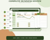 A digital dashboard titled "COMPLETE BUSINESS SYSTEM" with a command center showing projects, checklists, inventory, clients, and invoices, along with revenue, open jobs, and profit data.
