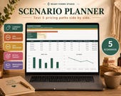 A laptop screen shows a "Scenario Planner" spreadsheet with five pricing scenarios, including current price, 10% discount, 20% discount, retail target, and wholesale target.