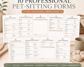 Ten professional printable pet sitting forms are displayed in two rows on a table.