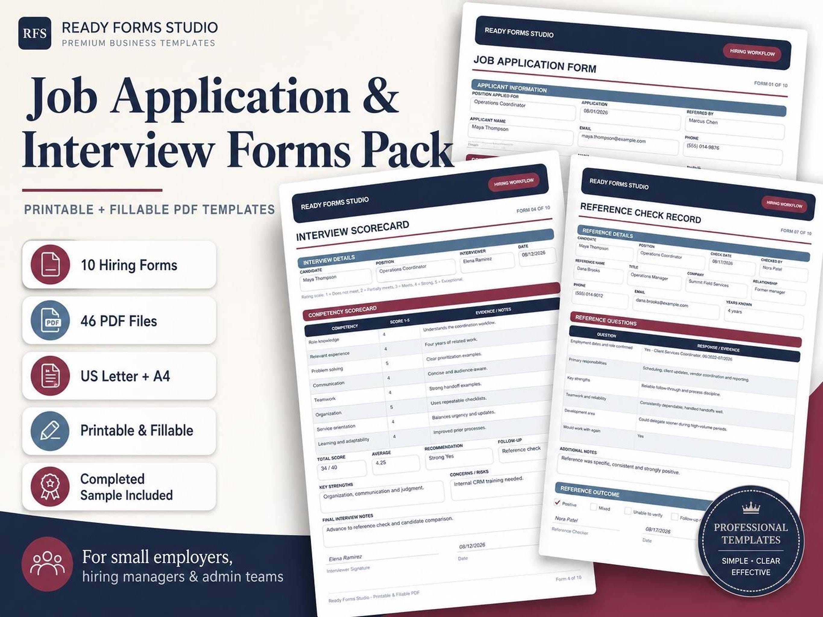 A collage of three white forms: a Job Application Form, an Interview Scorecard, and a Reference Check Record, with text overlays describing the product features.