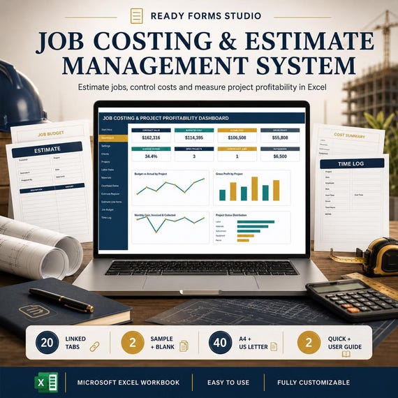 Job Costing & Estimate Spreadsheet: Project Budget, Labor, Materials, Change Orders and Profitability Dashboard in Excel
