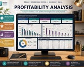 A desktop computer displays an Excel spreadsheet titled "Profitability Analysis" with bar charts comparing total projects, revenue, cost, and profit by project.