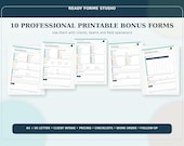 Ten printable forms are fanned out, including client intake, pricing, checklists, work order, and follow-up forms, with text about professional printable bonus forms.